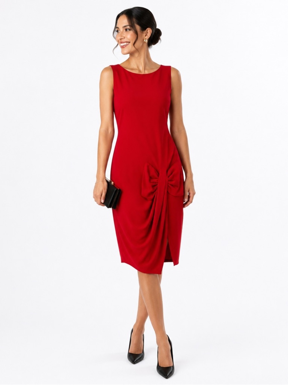Katherine Barclay Womens Red Cocktail Dress Size Medium Knit Knee Length Bow